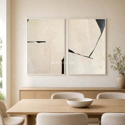 Twofold Pause: Beige Minimalist Abstract Diptych Wall Art — dining white