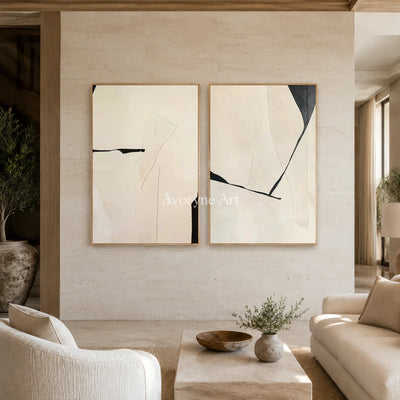 Twofold Pause: Beige Minimalist Abstract Diptych Wall Art — hotel wood