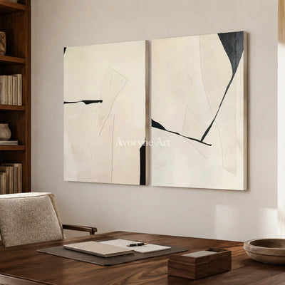 Twofold Pause: Beige Minimalist Abstract Diptych Wall Art — office frameless