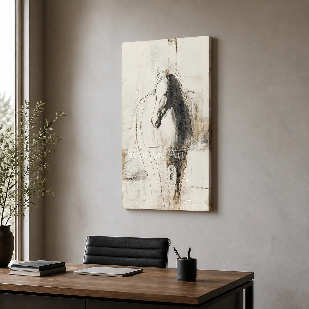 Equine Outline: Beige Minimalist Horse Wall Art — office frameless