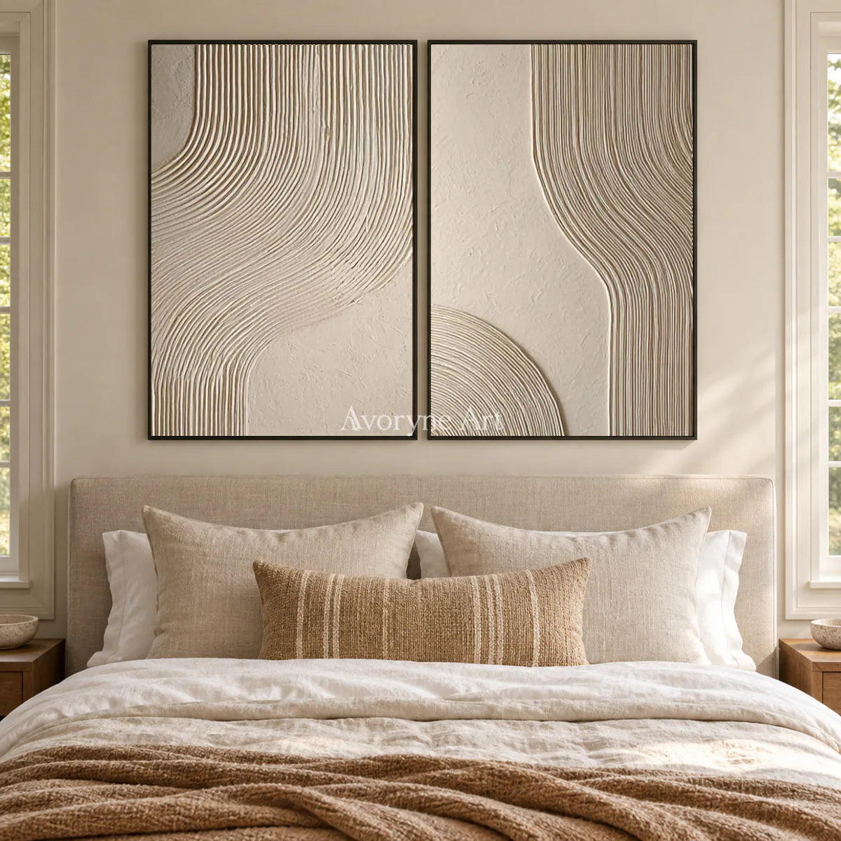 Two Lines of Stillness: Beige Minimalist Textured Diptych Wall Art — bedroom black