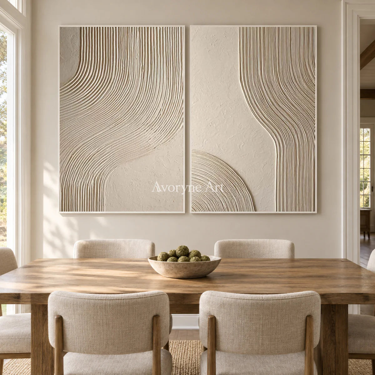 Two Lines of Stillness: Beige Minimalist Textured Diptych Wall Art — dining white