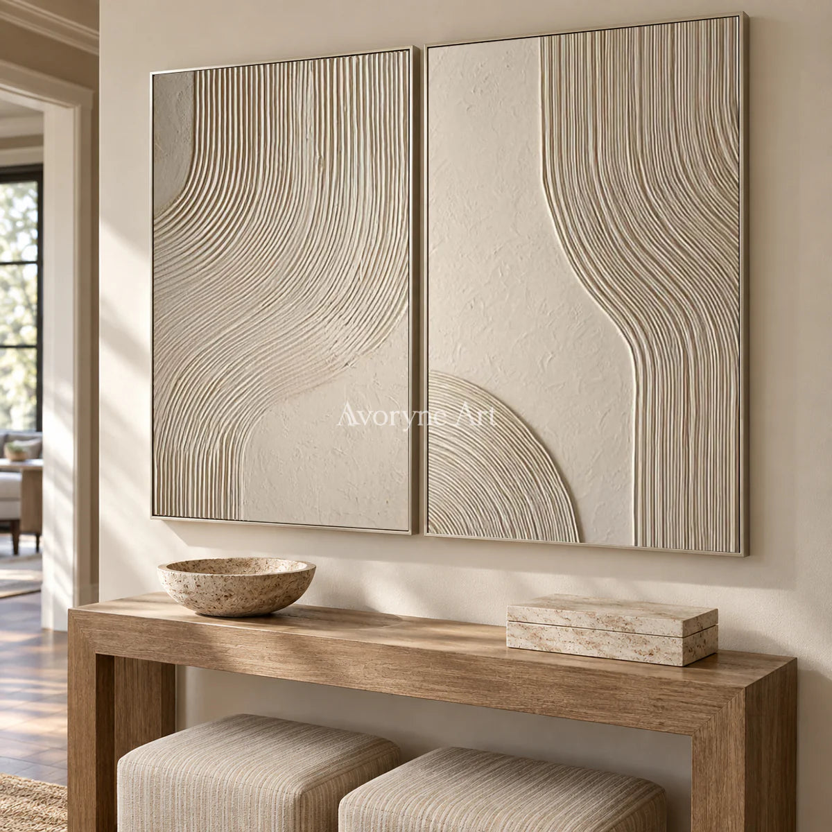 Two Lines of Stillness: Beige Minimalist Textured Diptych Wall Art — entry silver