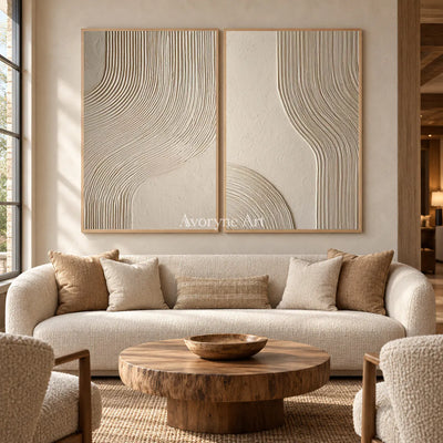 Two Lines of Stillness: Beige Minimalist Textured Diptych Wall Art — hotel wood