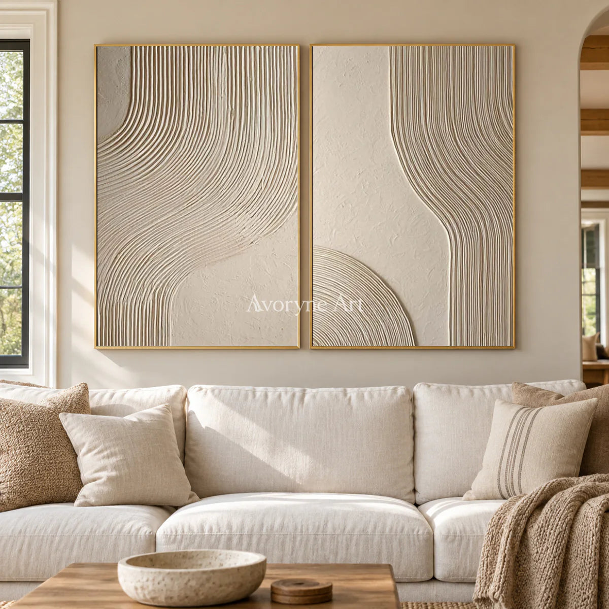 Two Lines of Stillness: Beige Minimalist Textured Diptych Wall Art — living gold