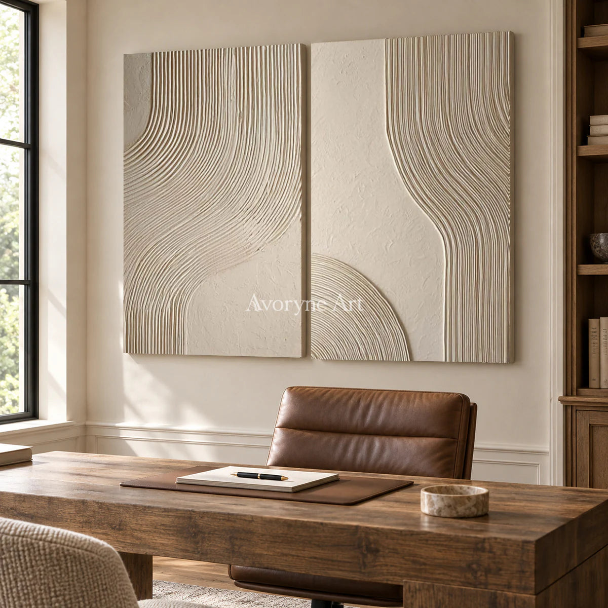 Two Lines of Stillness: Beige Minimalist Textured Diptych Wall Art — office frameless