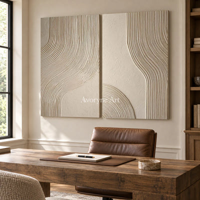Two Lines of Stillness: Beige Minimalist Textured Diptych Wall Art — office frameless