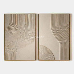 Two Lines of Stillness: Beige Minimalist Textured Diptych Wall Art — primary