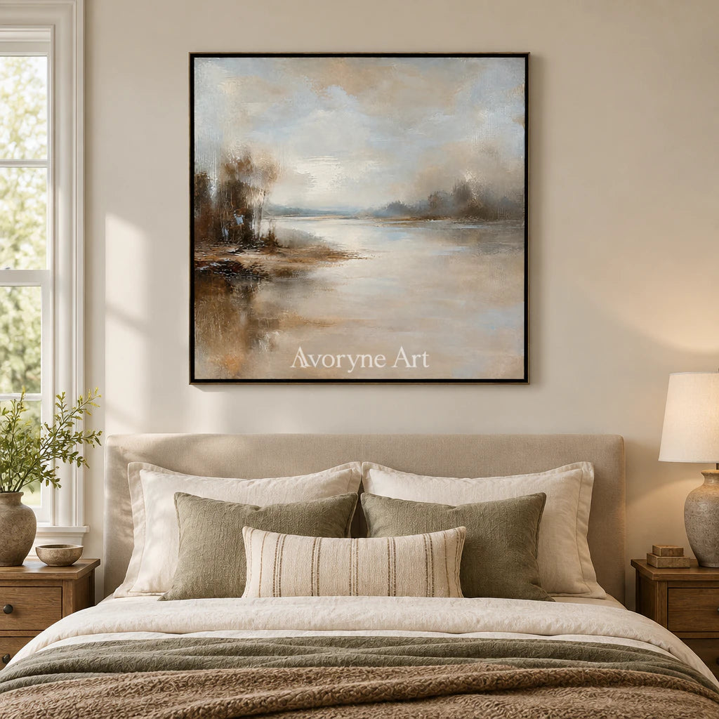 Stillwater Veil: Beige Misty Landscape Wall Art — bedroom black