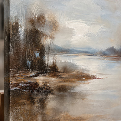 Stillwater Veil: Beige Misty Landscape Wall Art — detail easel