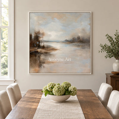 Stillwater Veil: Beige Misty Landscape Wall Art — dining white