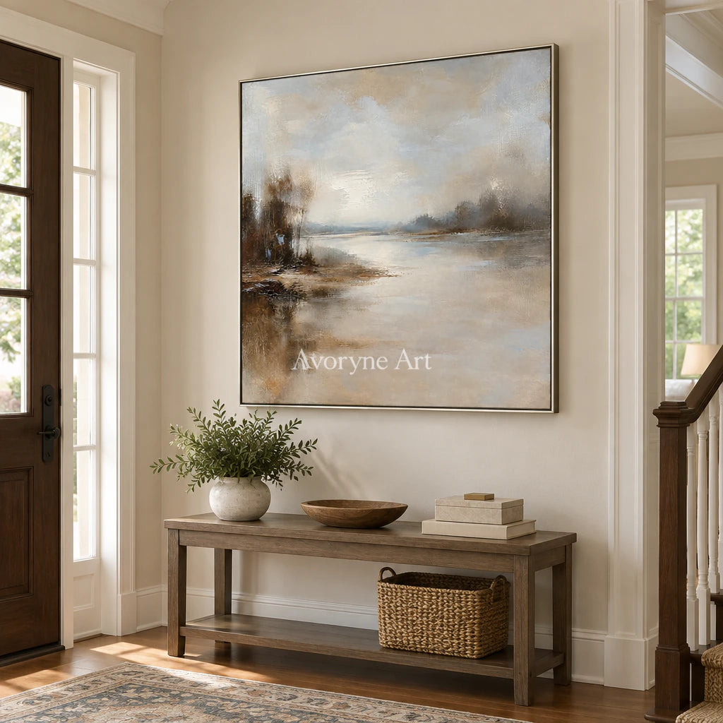 Stillwater Veil: Beige Misty Landscape Wall Art — entry silver