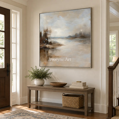 Stillwater Veil: Beige Misty Landscape Wall Art — entry silver