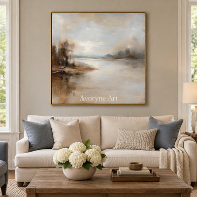 Stillwater Veil: Beige Misty Landscape Wall Art — living gold