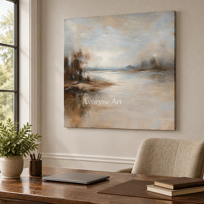 Stillwater Veil: Beige Misty Landscape Wall Art — office frameless