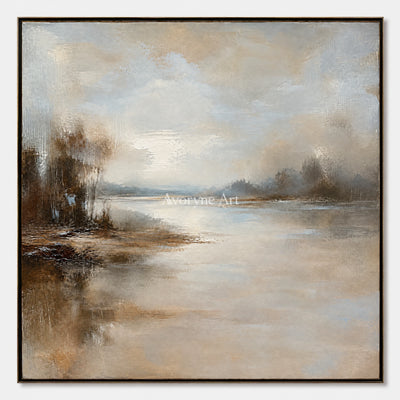 Stillwater Veil: Beige Misty Landscape Wall Art — primary