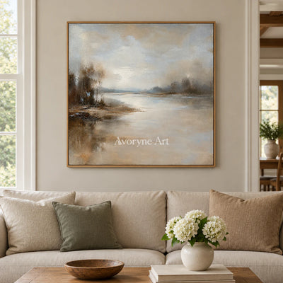 Stillwater Veil: Beige Misty Landscape Wall Art — villa wood