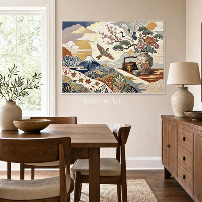 Mountain Cabinet: Beige Mountain and Flower Vase Wall Art — dining white