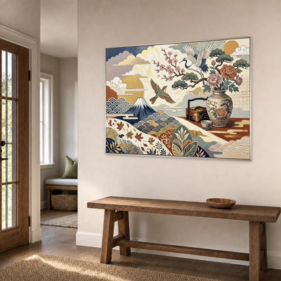 Mountain Cabinet: Beige Mountain and Flower Vase Wall Art — entry silver
