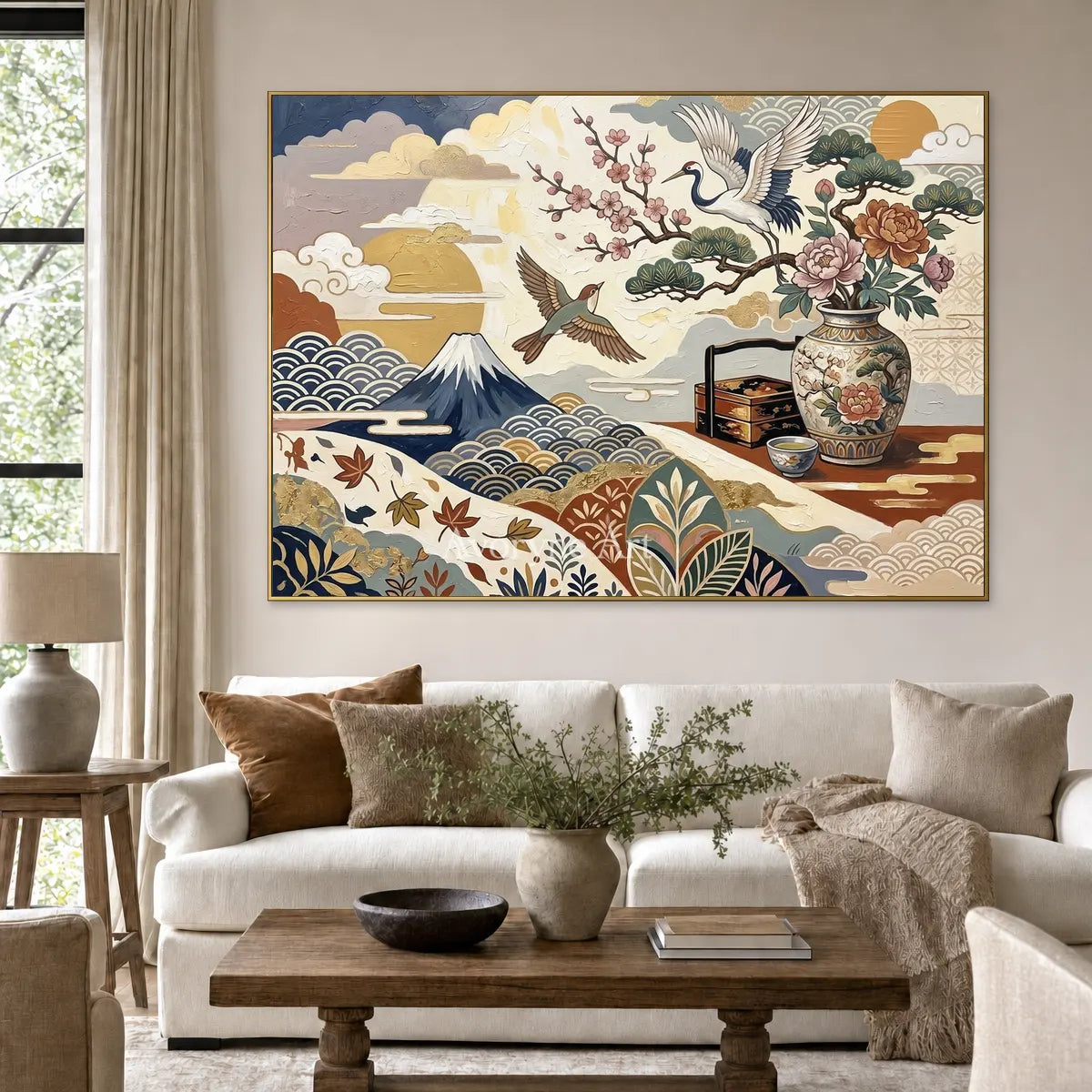 Mountain Cabinet: Beige Mountain and Flower Vase Wall Art — living gold