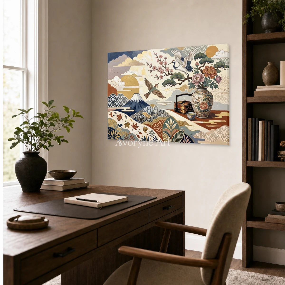 Mountain Cabinet: Beige Mountain and Flower Vase Wall Art — office frameless