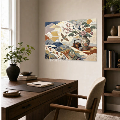 Mountain Cabinet: Beige Mountain and Flower Vase Wall Art — office frameless