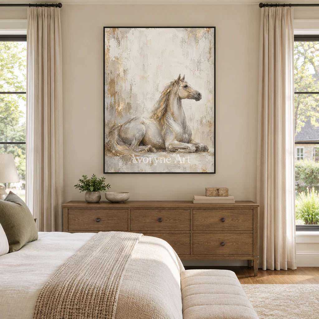 Resting Grace: Beige Neutral Horse Portrait Wall Art — bedroom black