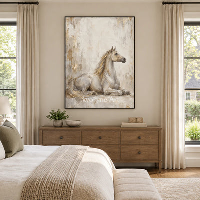 Resting Grace: Beige Neutral Horse Portrait Wall Art — bedroom black