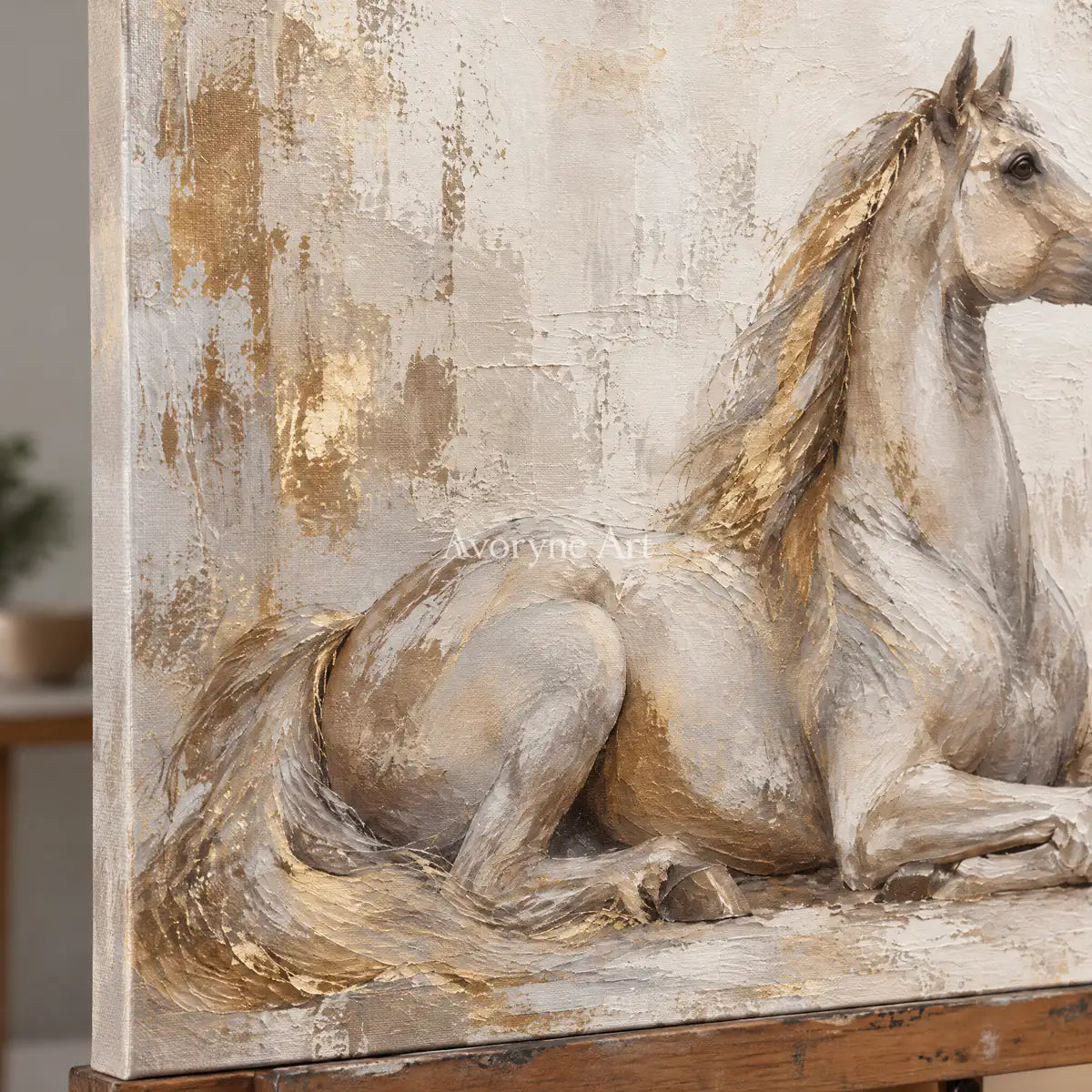Resting Grace: Beige Neutral Horse Portrait Wall Art — detail easel