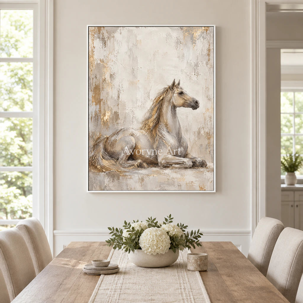 Resting Grace: Beige Neutral Horse Portrait Wall Art — dining white