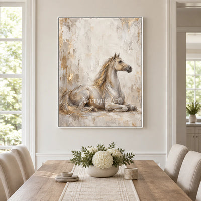 Resting Grace: Beige Neutral Horse Portrait Wall Art — dining white