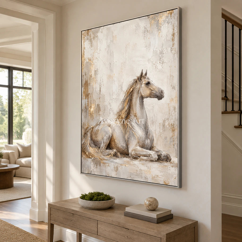 Resting Grace: Beige Neutral Horse Portrait Wall Art — entry silver