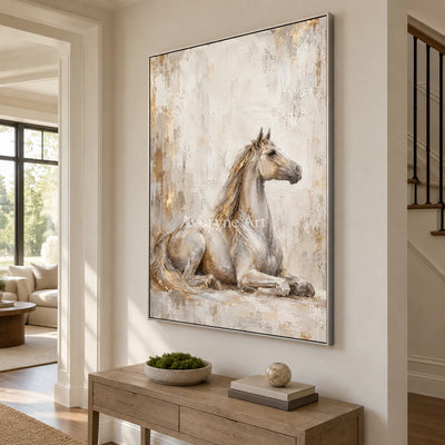 Resting Grace: Beige Neutral Horse Portrait Wall Art — entry silver