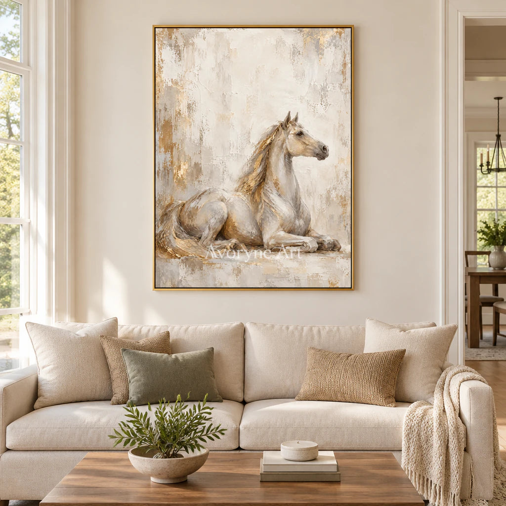 Resting Grace: Beige Neutral Horse Portrait Wall Art — living gold