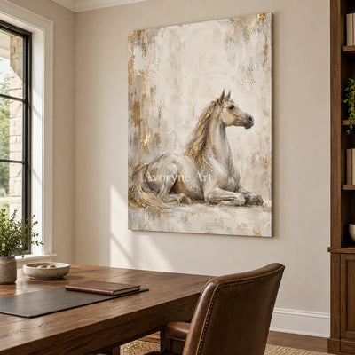 Resting Grace: Beige Neutral Horse Portrait Wall Art — office frameless