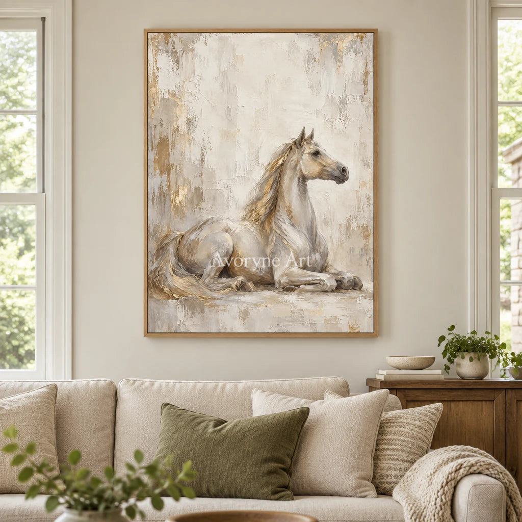 Resting Grace: Beige Neutral Horse Portrait Wall Art — villa wood