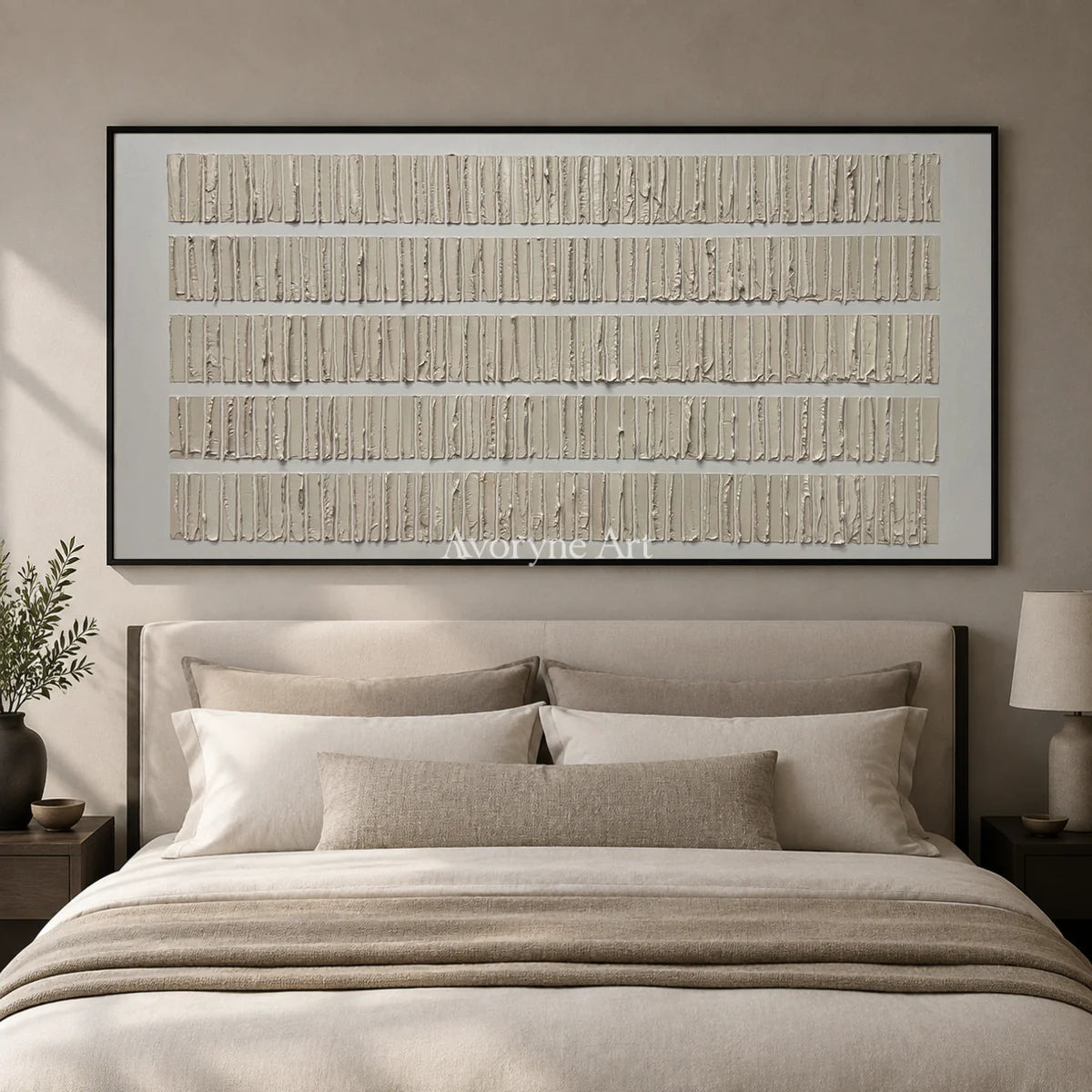 Linen Intervals: Beige Panoramic Linear Texture Wall Art — bedroom black