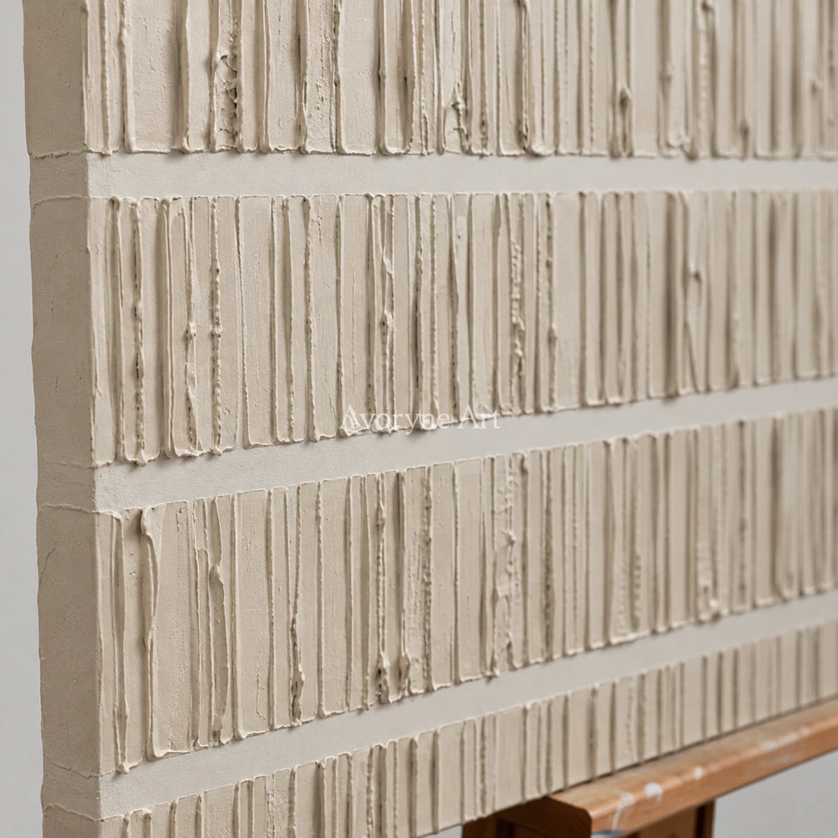 Linen Intervals: Beige Panoramic Linear Texture Wall Art — detail easel