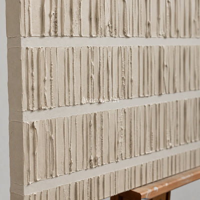 Linen Intervals: Beige Panoramic Linear Texture Wall Art — detail easel