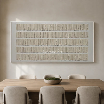 Linen Intervals: Beige Panoramic Linear Texture Wall Art — dining white