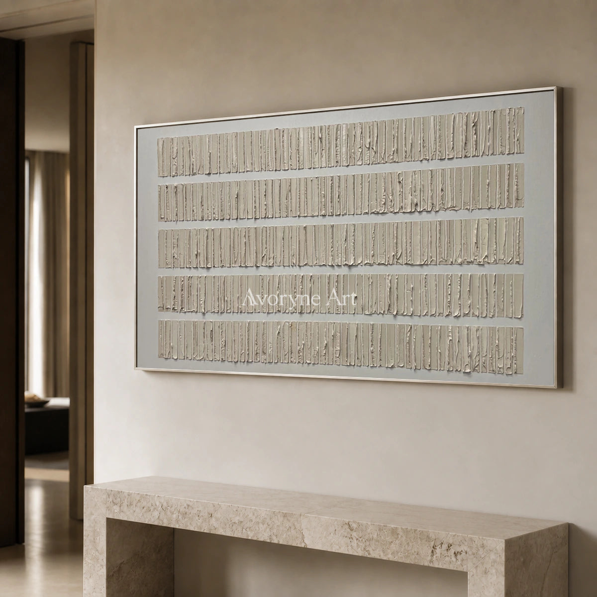 Linen Intervals: Beige Panoramic Linear Texture Wall Art — entry silver