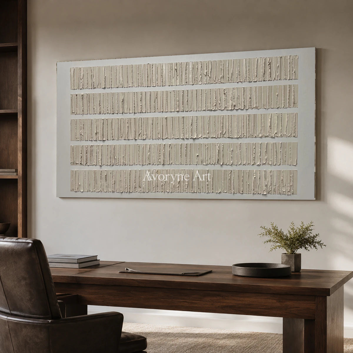 Linen Intervals: Beige Panoramic Linear Texture Wall Art — office frameless