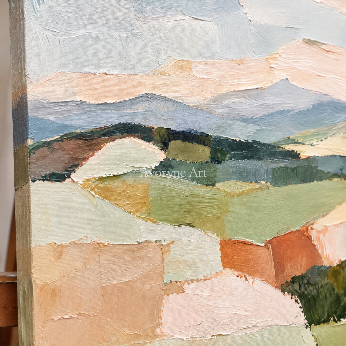Pasture Layers: Beige Pastel Landscape Wall Art — detail easel