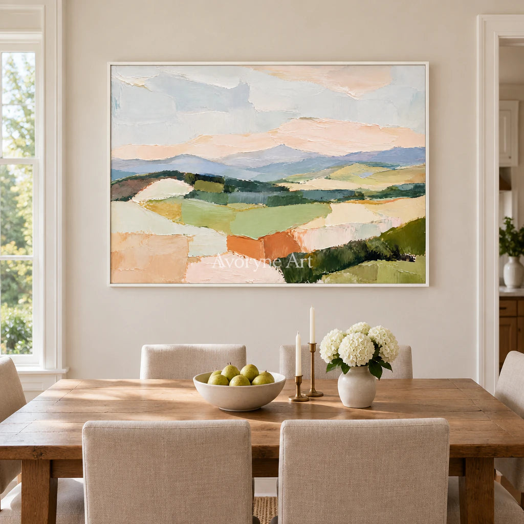 Pasture Layers: Beige Pastel Landscape Wall Art — dining white