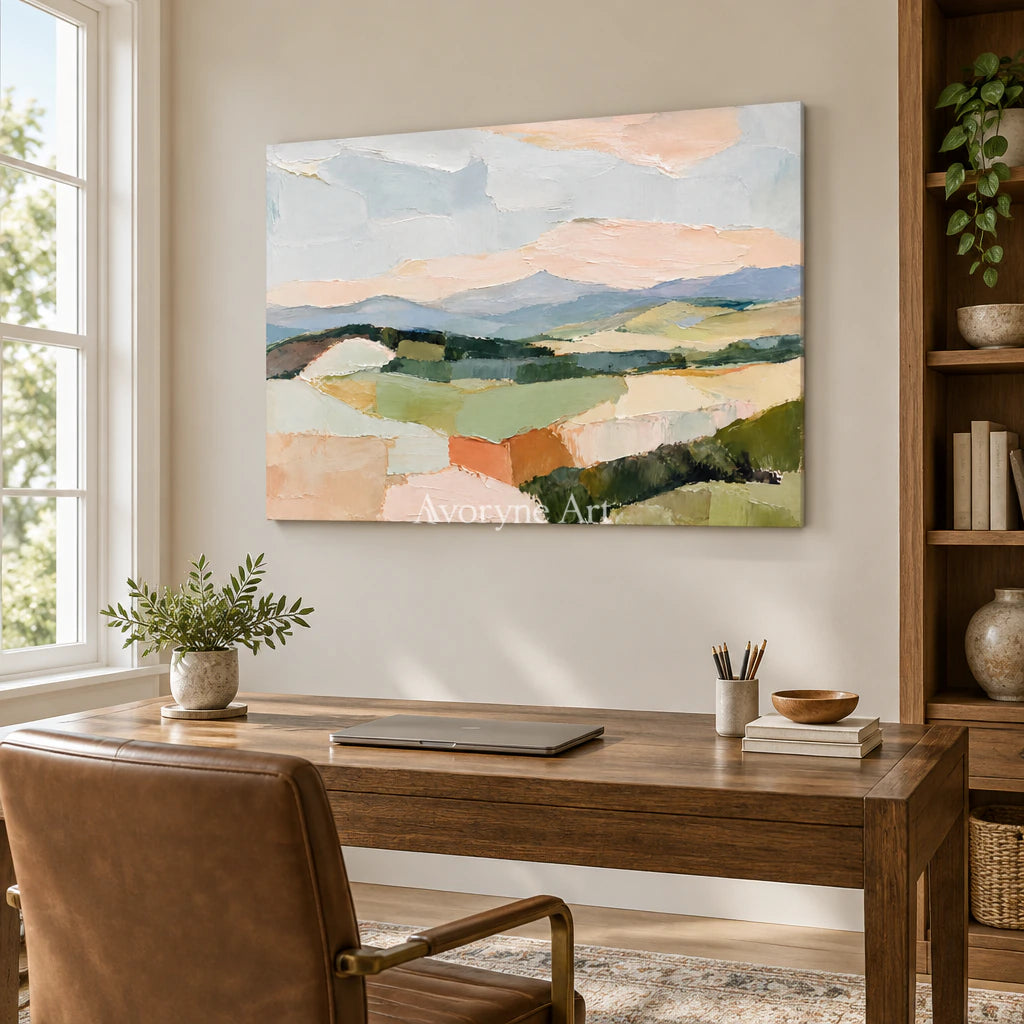 Pasture Layers: Beige Pastel Landscape Wall Art — office frameless