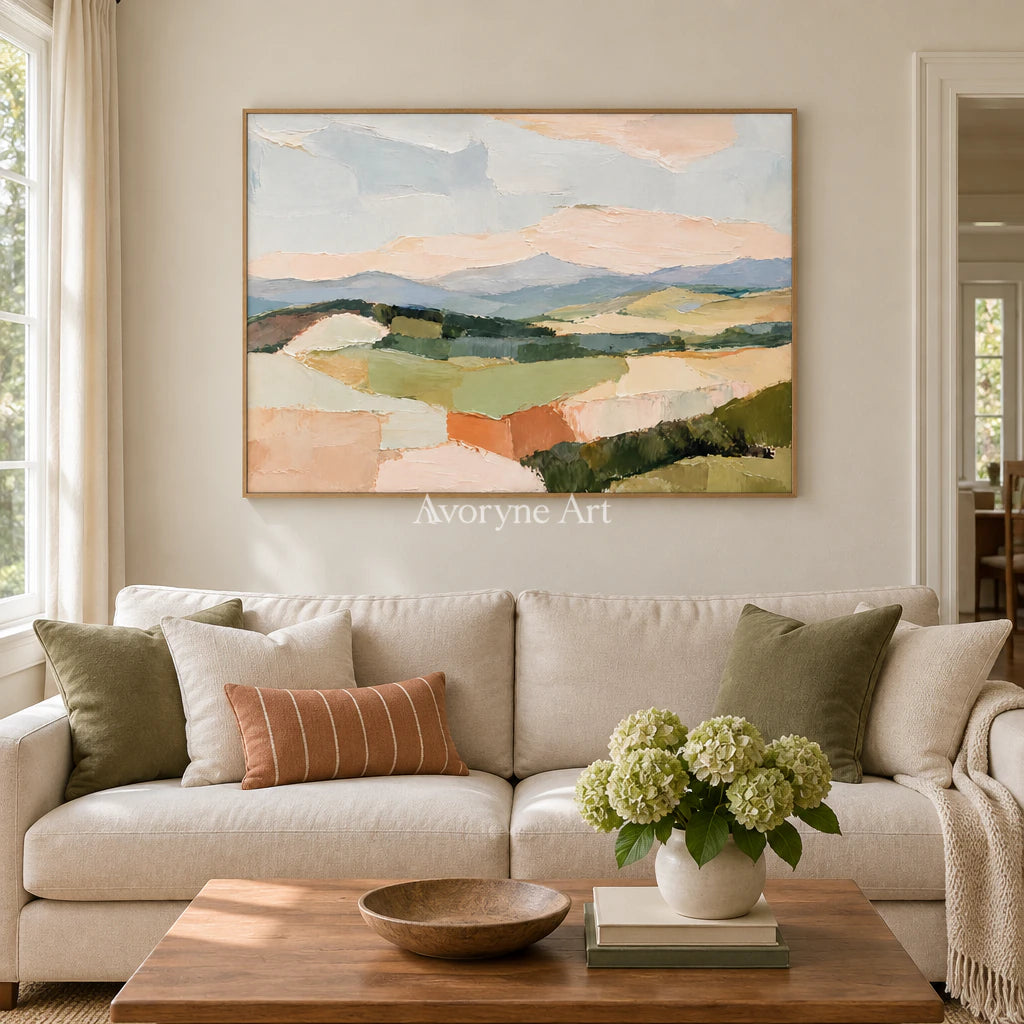 Pasture Layers: Beige Pastel Landscape Wall Art — villa wood