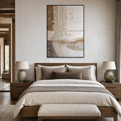 Contour of Dawn: Beige Ridged Abstract Wall Art — bedroom black