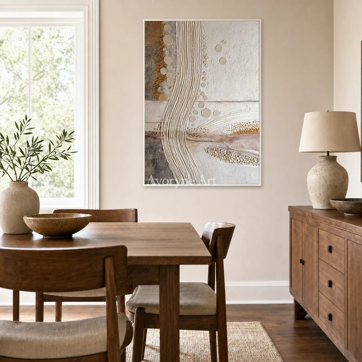 Contour of Dawn: Beige Ridged Abstract Wall Art — dining white