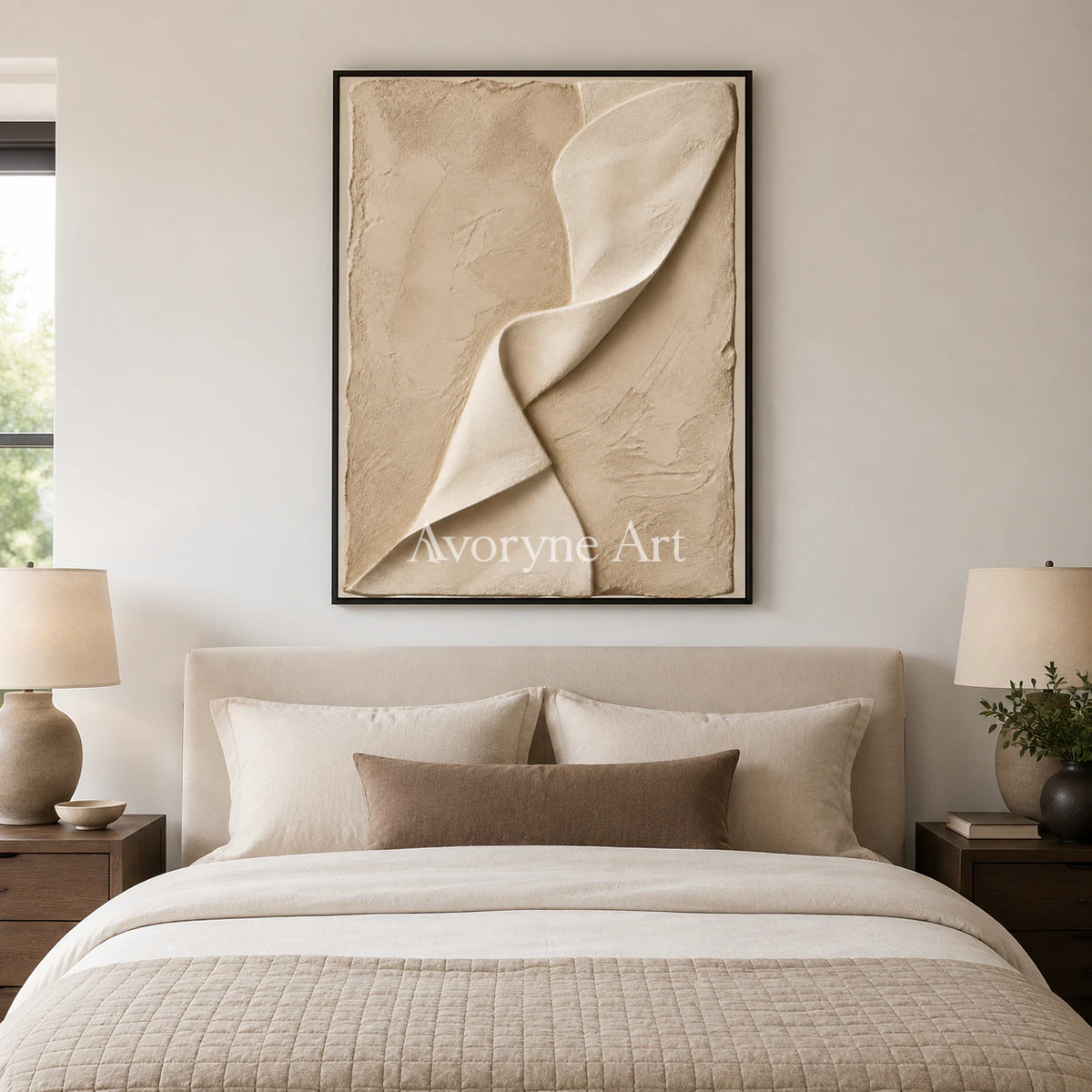 Linen Cascade: Beige Sculptural Abstract Wall Art - bedroom black frame