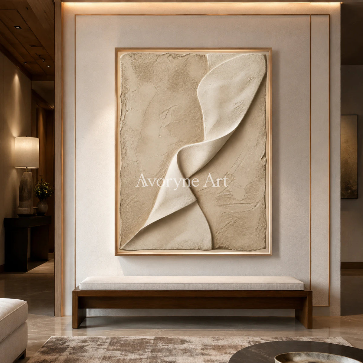 Linen Cascade: Beige Sculptural Abstract Wall Art - detail